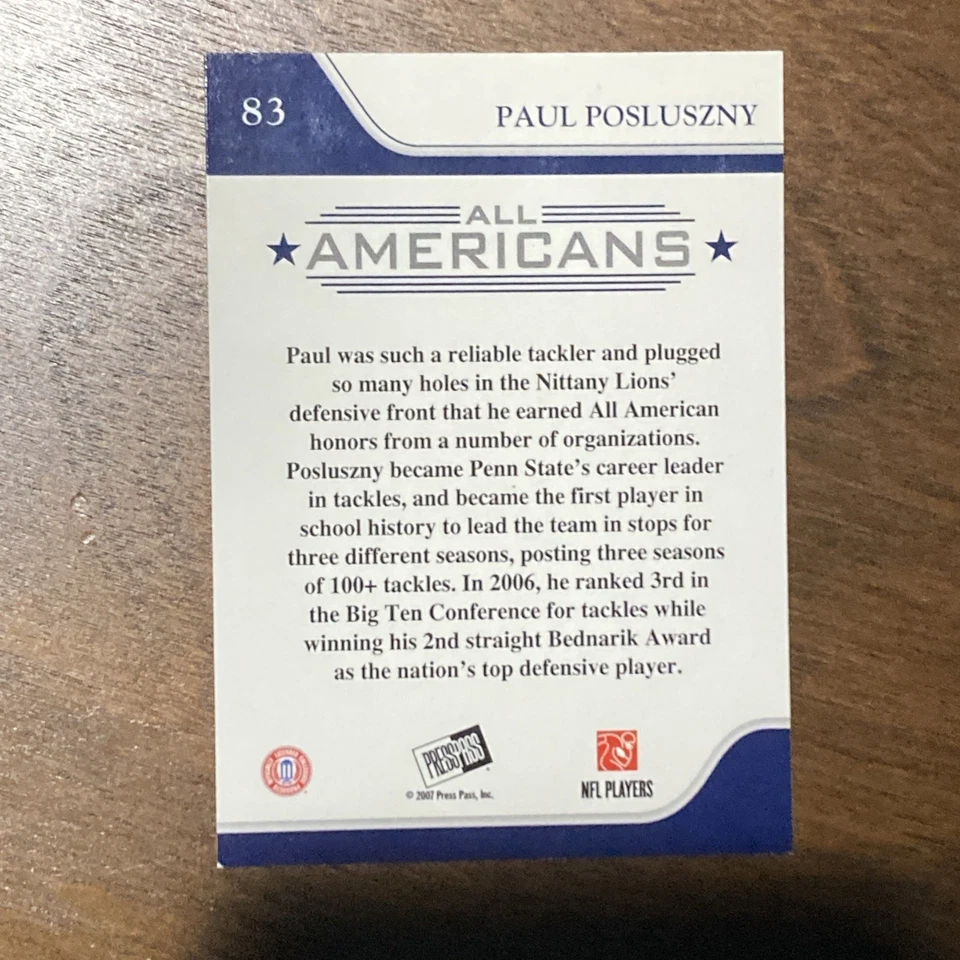 2007 Press Pass Paul Posluszny #83 All-American  - Image 2 of 2