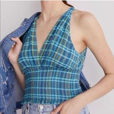 Anthropologie Neckholder Tank Top XL kariert blau grün hinten zum Binden Y2K von pilcro