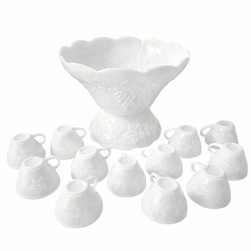 Vintage Anchor Hocking White Milk Glass 12 Cup Punch Bowl Set W/ Pedestal Ladle