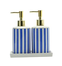 Coastal Blue White Ceramic Soap Dispenser Set with Gold Pump 3-Piece Bath...