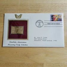 Diabetes Awareness 22kt Gold Replica Stamp 1st Day Issue w/card