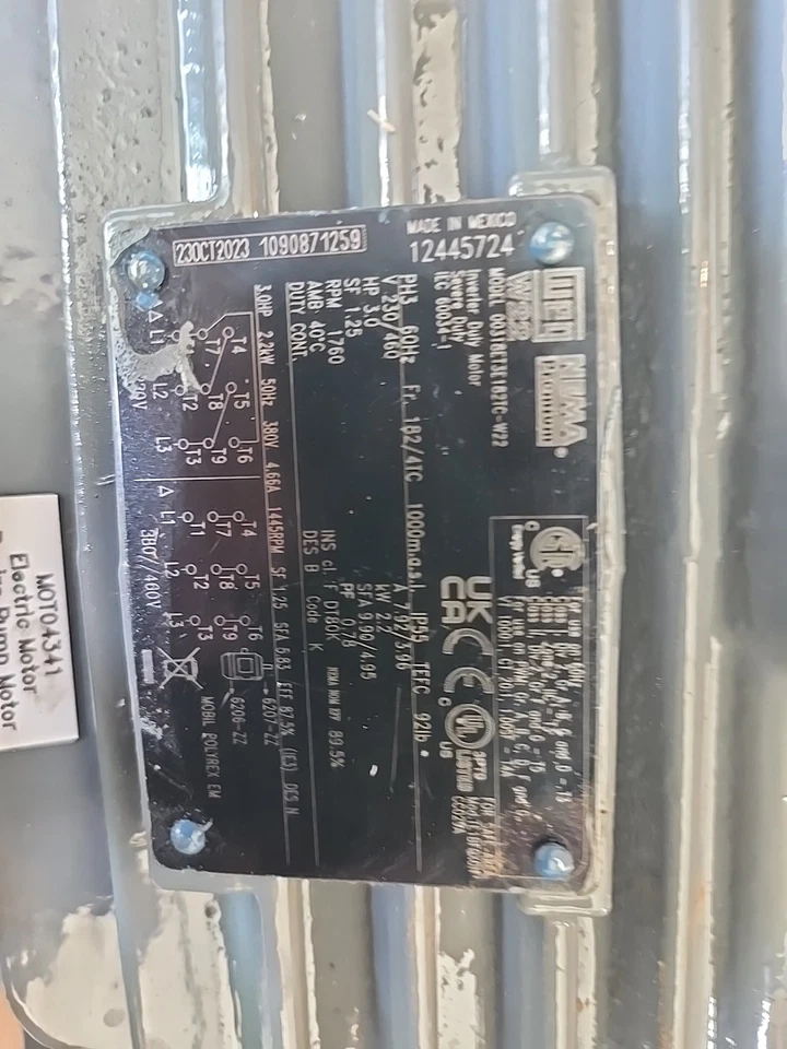 WEG INVERTER DUTY MOTOR 00318et3e182tc- W22 3PH 3.0HP 2.2KW 380V 4.66A 1445RPM - Image 2 of 4