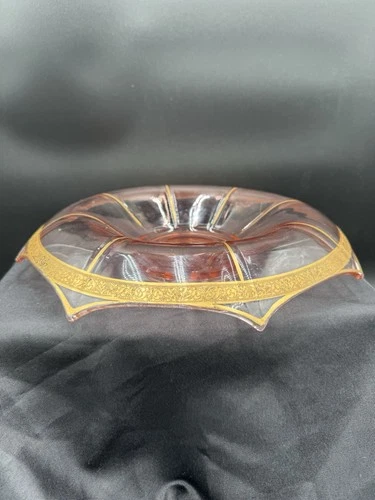 1930’s Art Deco Pink Depression Glass Console Bowl With Gold Trim