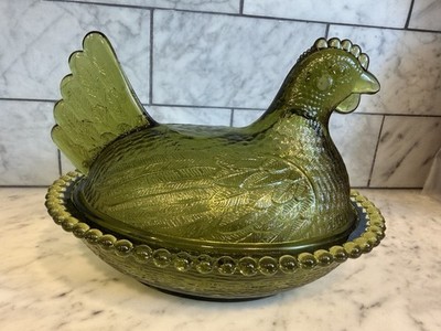 Vintage Indiana Glass Olive Green Hen on Nest 7  Covered Dish Beaded Edge MCM