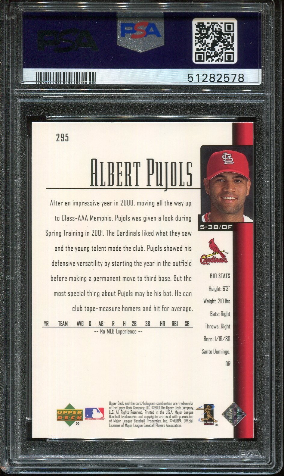 2001 Upper Deck Star Rookie Albert Pujols PSA 8 #295 Rookie Card (RC) view 2