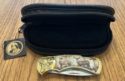 FRANKLIN MINT COLLECTOR KNIFE W CASE - BUCK & DOE, UNUSED W/COA