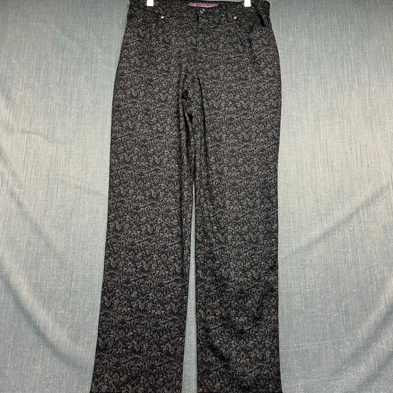 Gloria Vanderbilt Women's Pants Size 10 Gray Blue Damask Scroll Print High Rise