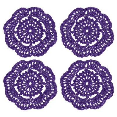 Crochet Doilies, 4Pcs 4'' Cotton Woven Round Fabric Coasters (Dark Purple)
