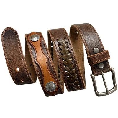 Western Vintage Hand Laced Genuine Leather Belt Indian Conchos 1-1/2" Wide Brown - Image 1 of 4