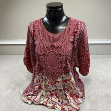 Johnny Was Silk Floral Mixed Media Red Floral Top Sz M Oversized Flowy Blouse