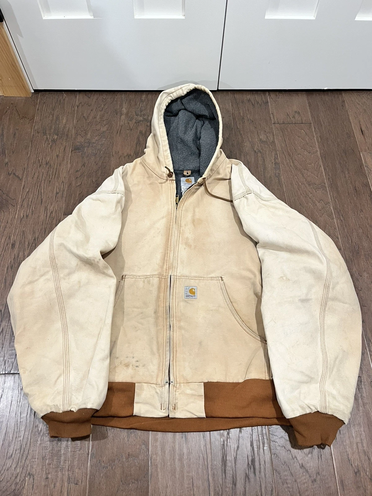 Vintage Carhartt Jacket Mens 2XL Light Brown Fleece Lined Hooded J158 BRN Work