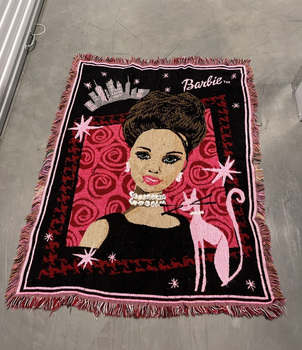 Vintage 1990's Barbie City Tapestry Throw Blanket w/ Fringe