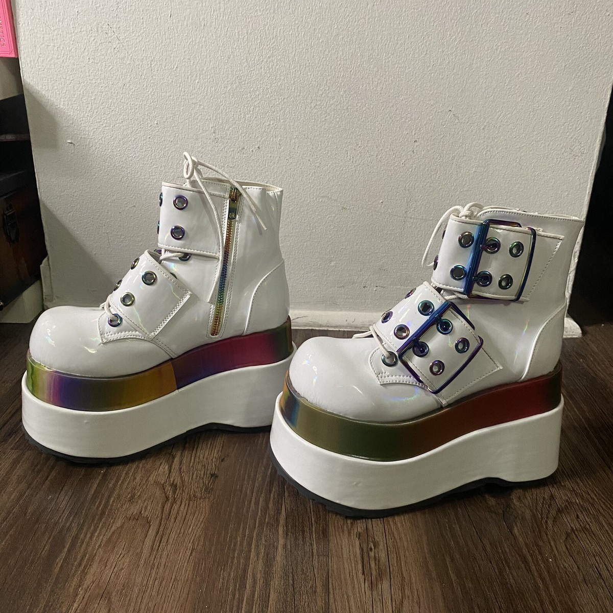 Demonia BEAR-104 White holographic UV reactive boots DISCO