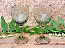 Set of 2 Wine Glass Handblown Etched Plants Wheel Cut Pale Green Mexico Folk Art