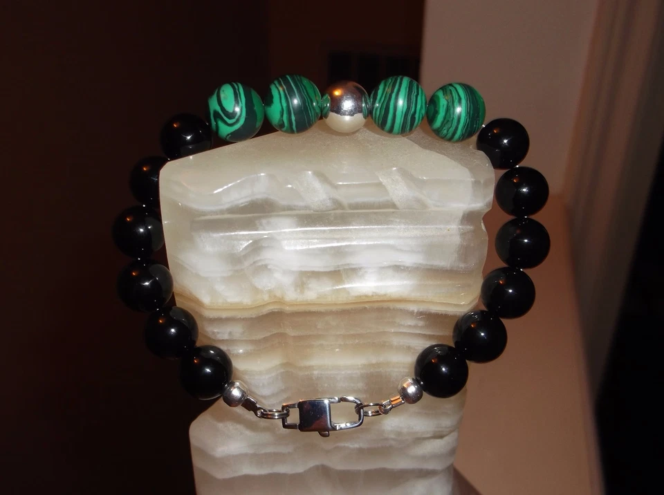 PULSERA HOMBRE HECHA A MANO 8 1/2" 10 MM ÁGATA NEGRA / 12 MM MALAQUITA SS CUENTAS Foto 4 de 4