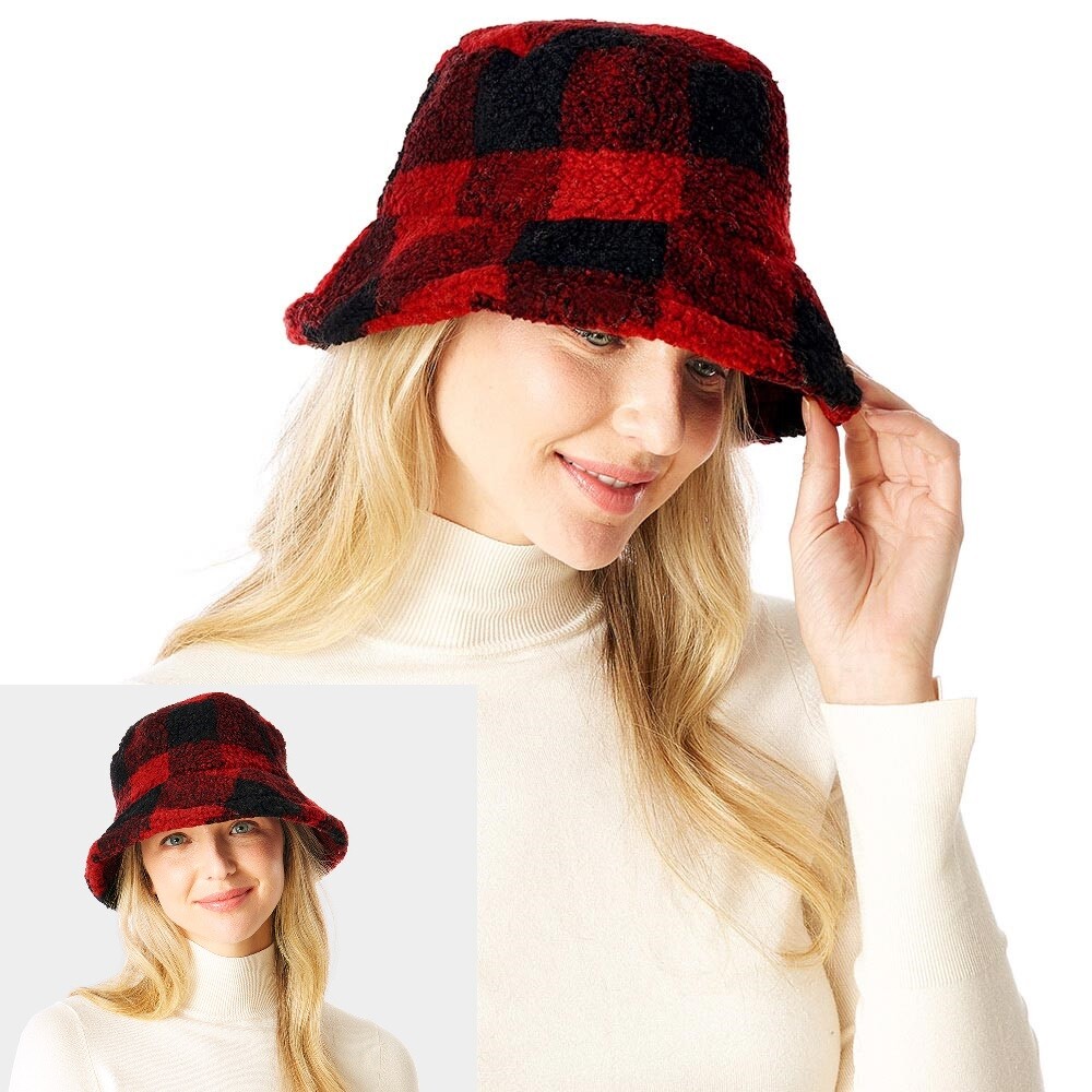 Checkered Plaid Adjustable Warm Faux Fur Winter Bucket Hat  display picture 2