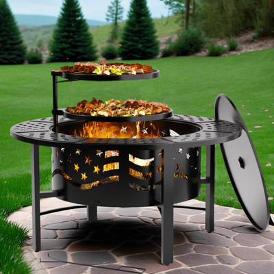 42'' Outdoor Fire Pit Table with Swivel Grills, Lid, Poker, BBQ & Ice Storage