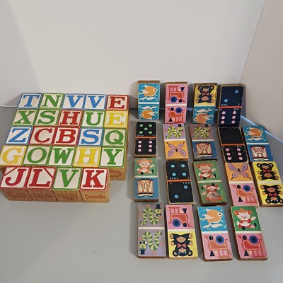 Vintage Lot Of 24 Wood Alphabet & Number Blocks And 18 Play Domino's 1961