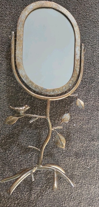 Gold Tabletop Standing Mirror w Birds Nest Branch & Leaf  18.5h 8x5mirror Size