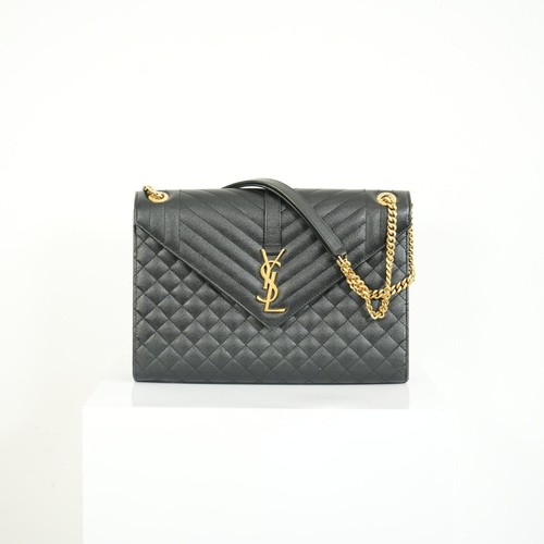 Saint Laurent YSL Black Leather Envelope Bag Gold Hardware Shoulder Bag