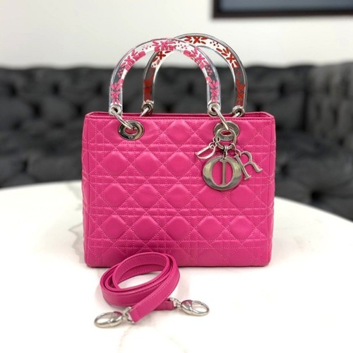 Christian Dior Lady Dior Medium Pink Cannage Leather Bag Clear Floral Top Handle
