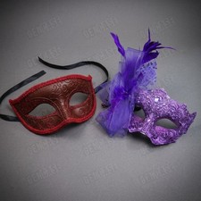 Venetian Lace Feather Masquerade Mask Burgundy Purple This is Pair for Couples