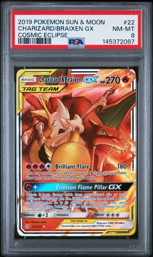 2019 POKEMON SUN & MOON COSMIC ECLIPSE #22 CHARIZARD & BRAIXEN GX PSA 8