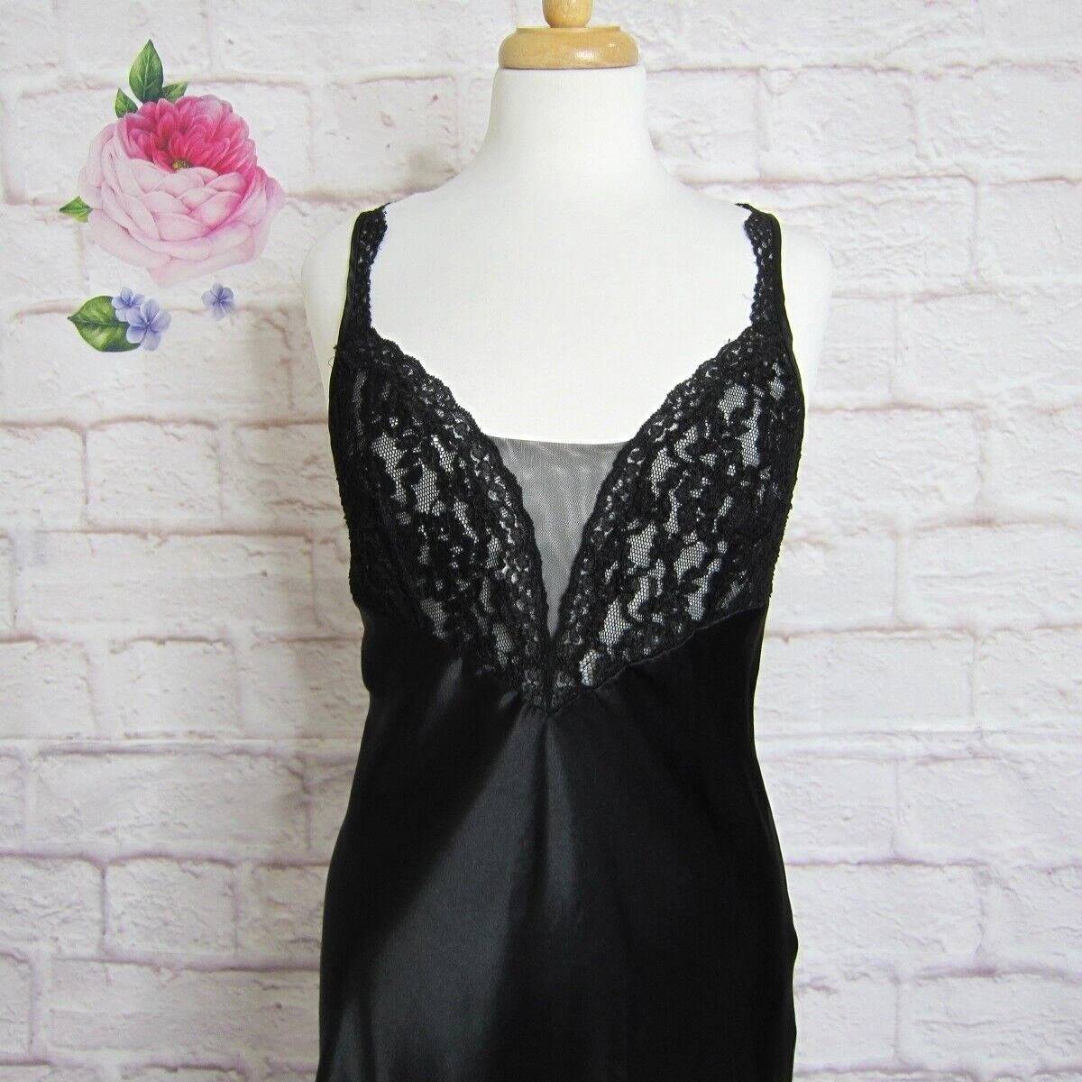 UNDERCOVER Camicia da notte lunga Victoria's Secret G Label vintage nera pizzo raso taglia small