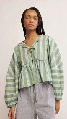 Free People White Spruce Combo Tie Front Green Striped Brunch Babe Top Size M