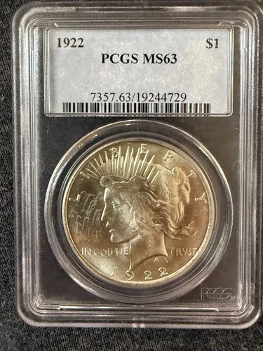1922 $1 Peace Dollar PCGS MS63 White-Silver Shine Sharp Details below list