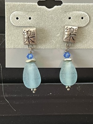 Asian Sterling Silver Sea Glass Aqua Blue Earrings Artisan Crafted Art To Wear