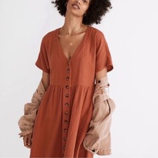 Madewell Lightspun Button-Front Mini Dress Orange size XS Lightweight Flowy