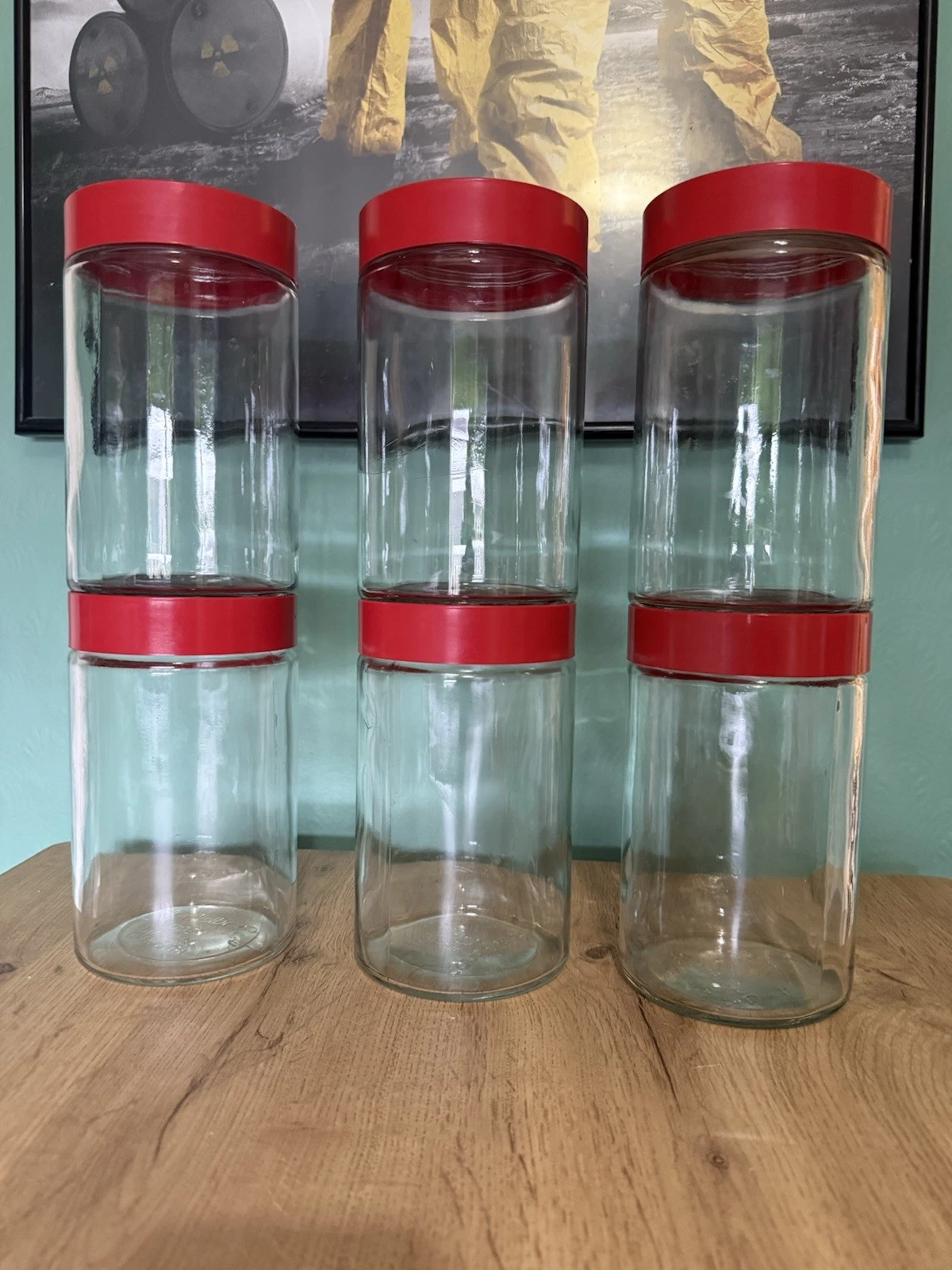 Vintage Candlelight Clear Glass Storage Jars With Red Lids Set Of 6