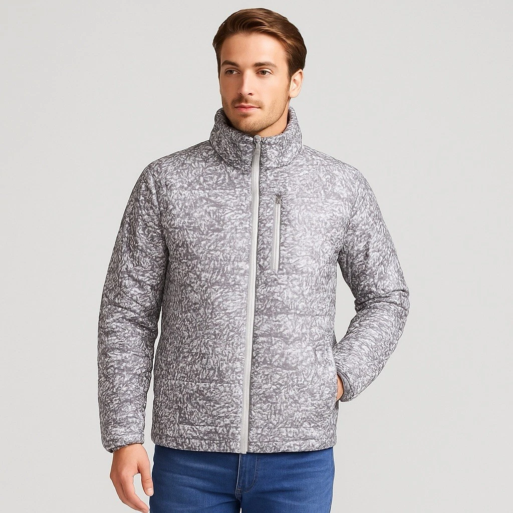 Men's Xersion Packable Puffer Heat Retaining Water Resistant Jacket NWT Gray Geo