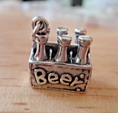 Sterling Silver 3D 16x13mm heavy 7 gram 6 Pack of Beer Bottles Whimsical Charm - Picture 4 of 6