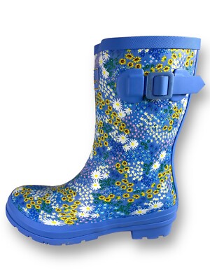 NWT Joules Rain Boots Molly Welly Mid Rain Boots Blue Yellow Ditsy Floral  Size