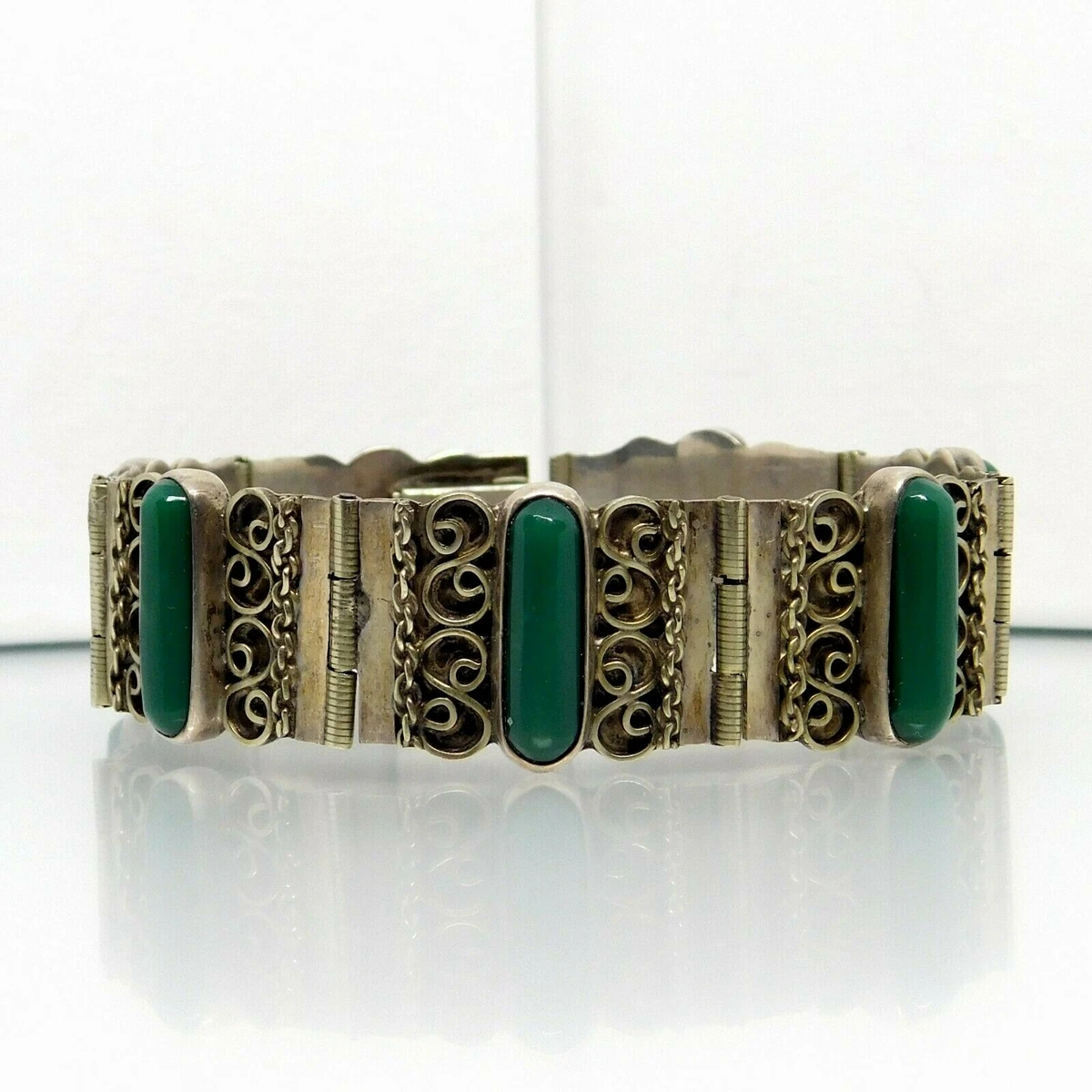 Mid-Century Vtg Del Rio Mexico Sterling Silver 925 Green Onyx Bracelet 7