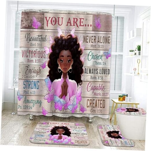 Black Girl Shower Curtain with Bath Rugs Set,4 Sets African American Rustic