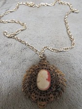 Vintage CAMEO Wreath Pendant on Gold Tone Necklace Victorian