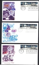 U S #1435b  Decade in Space FDC, Set 3 Fleetwood Cachets, 3 Different Postmarks.