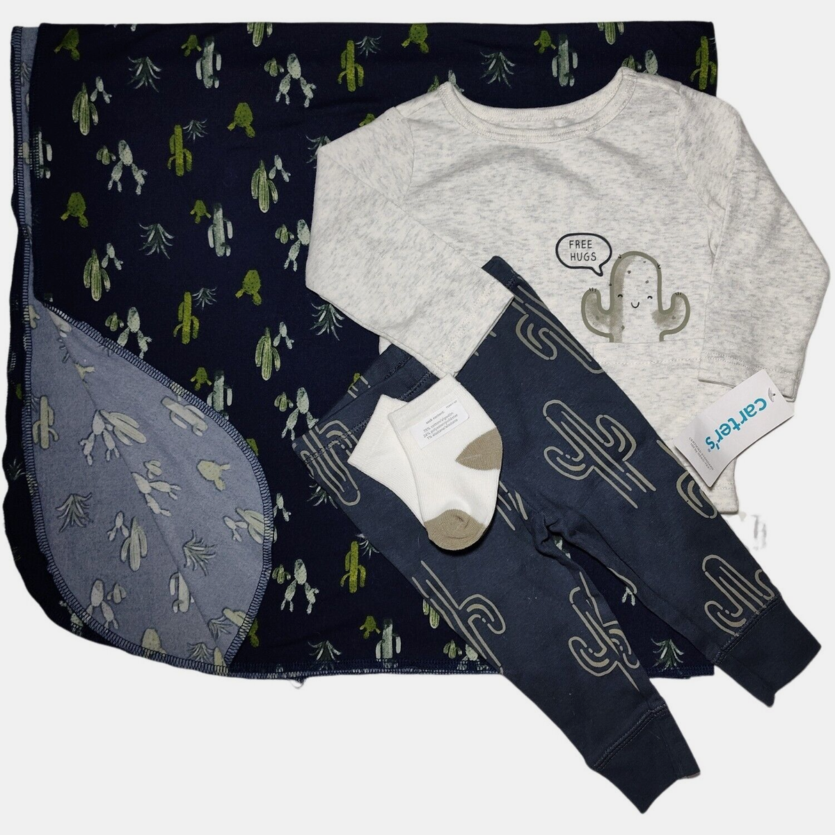 Carter's Baby Cactus Mos Outfit Set Socks Navy Cacti Soft Swaddle Blanket