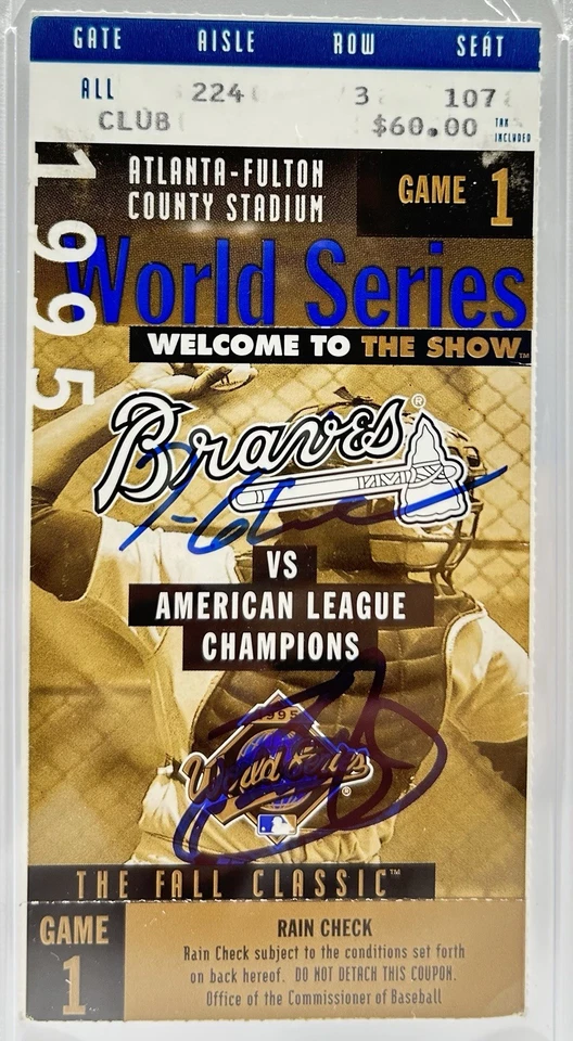 Tom Glavine & David Justice Signed 1995 World Series Game 1 Ticket Stub PSA 10 - Image 2 of 3