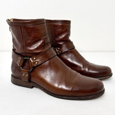 Frye Harness Boots Phillips 7.5B Women's Ankle Shoe Biker Rear Zip Leather Brown