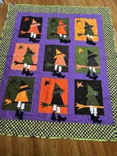 Quilted Wall Hanging Quilt Tapestry Halloween Witches Dangling Feet 57x64 Hand