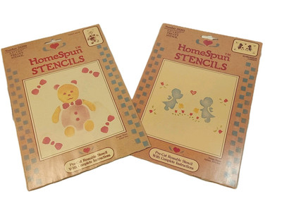 2 ~HOMESPUN STENCILS ~FOLK ART~SUNBONNETS GARDEN & TEDDY BEAR Size 5.5X8.5'' NIP