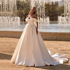 Classical Satin A Line Wedding Dress Off The Shoulder Lace Flower Bridal