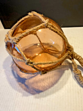 LG. 8" NAUTICAL LIGHT AMBER COLOR GLASS HAND BLOWN FISHING FLOAT BUOY ROPE TIKI