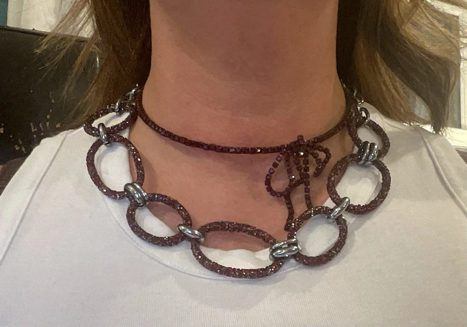 Set 2 Vera Wang Red Necklace Rhinestone Ruby Chain Choker Bow Statement Black - Image 2 of 4