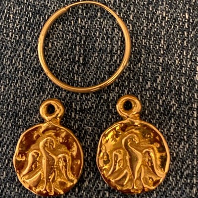 Lee BREVARD Coin Earrings-18 Kt Gold  ''Bucky the Parrot'' design-early 1990s.