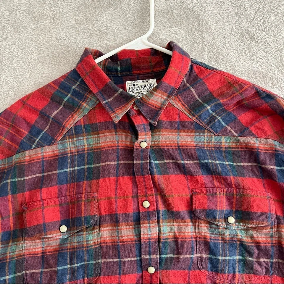 Camisa Lucky Brand Para Hombres XXL Perla A Presión Botones Franela a Cuadros Rojo Occidental Azul Foto 3 de 4